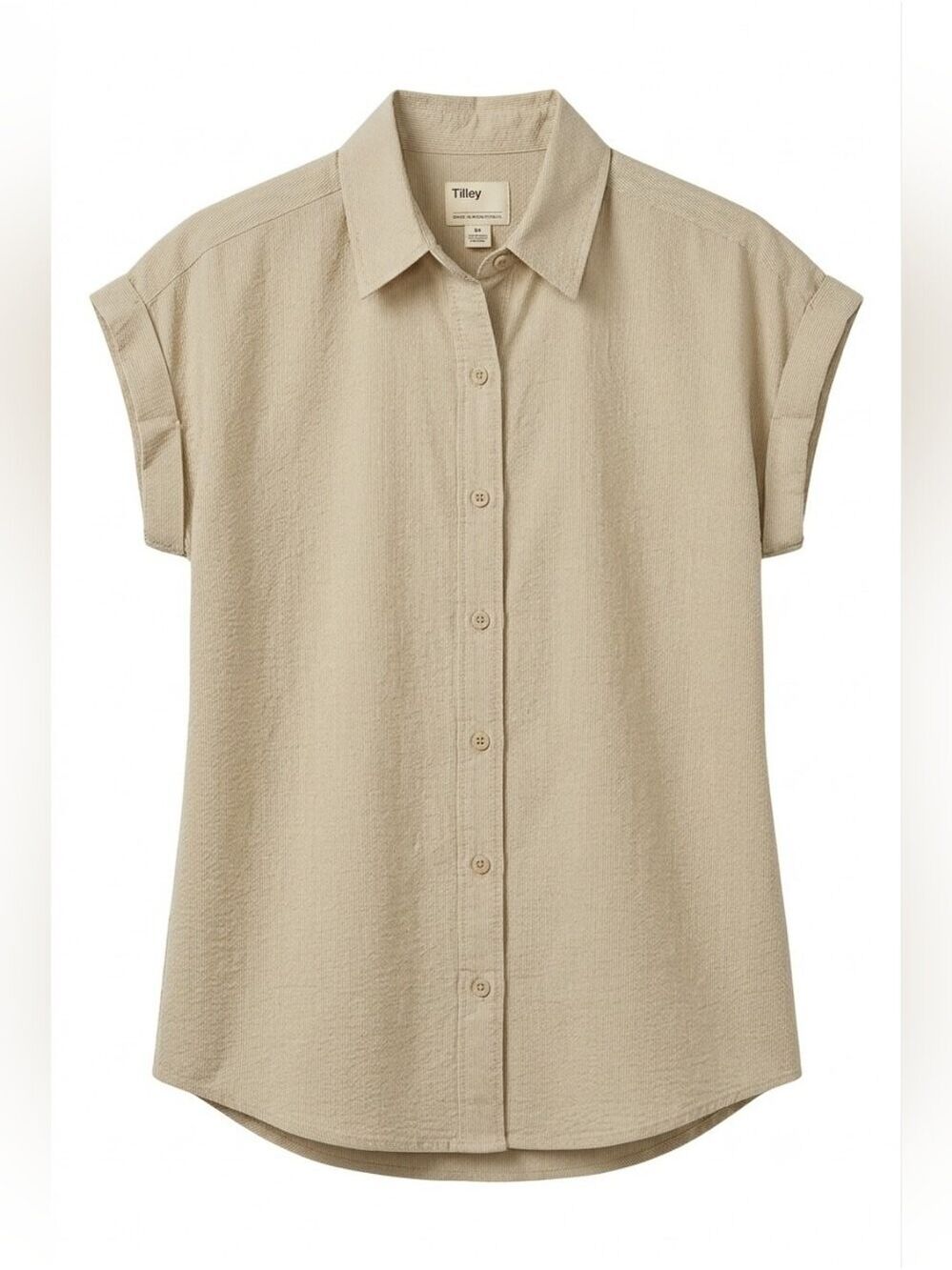 Tilley Women's Button Down Camp Shirt, Beige, Collared, Rolled Up Sleeves, Small